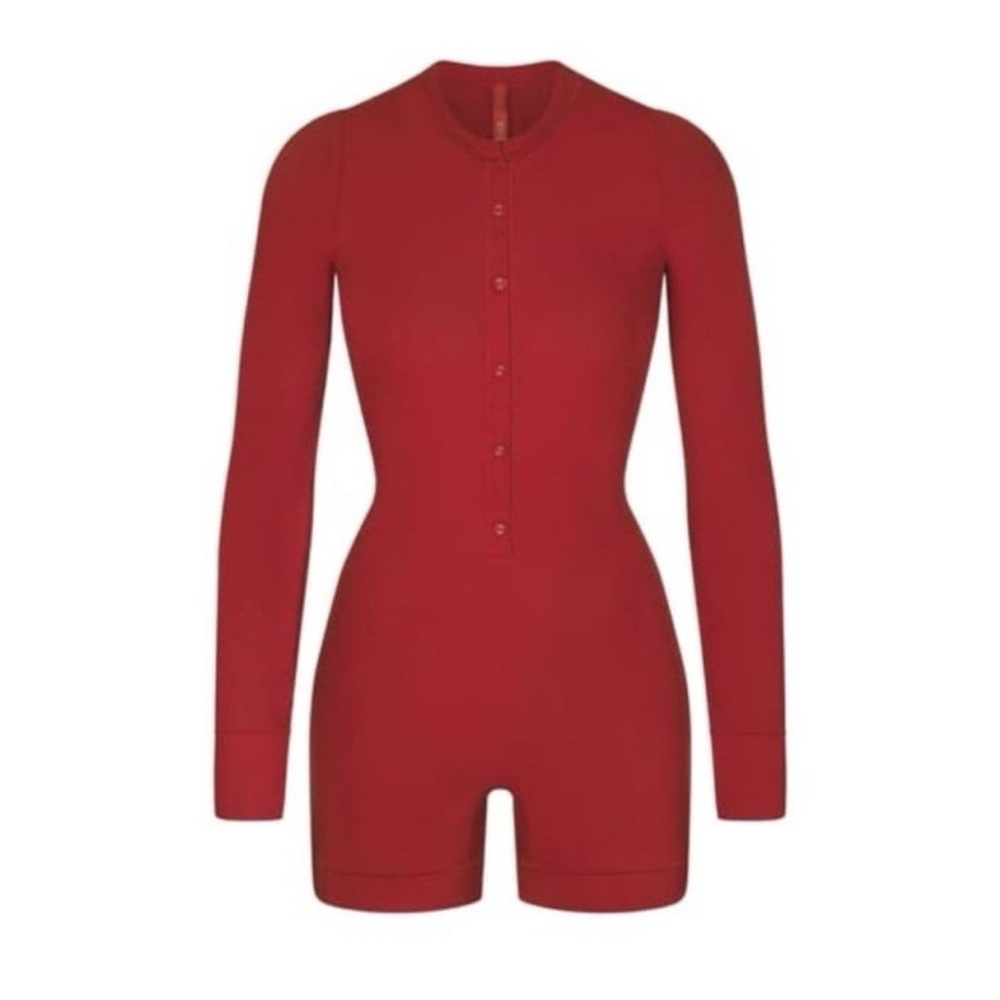 Skims Soft Lounge Henley Onesie in Brick - Picture 3 of 8